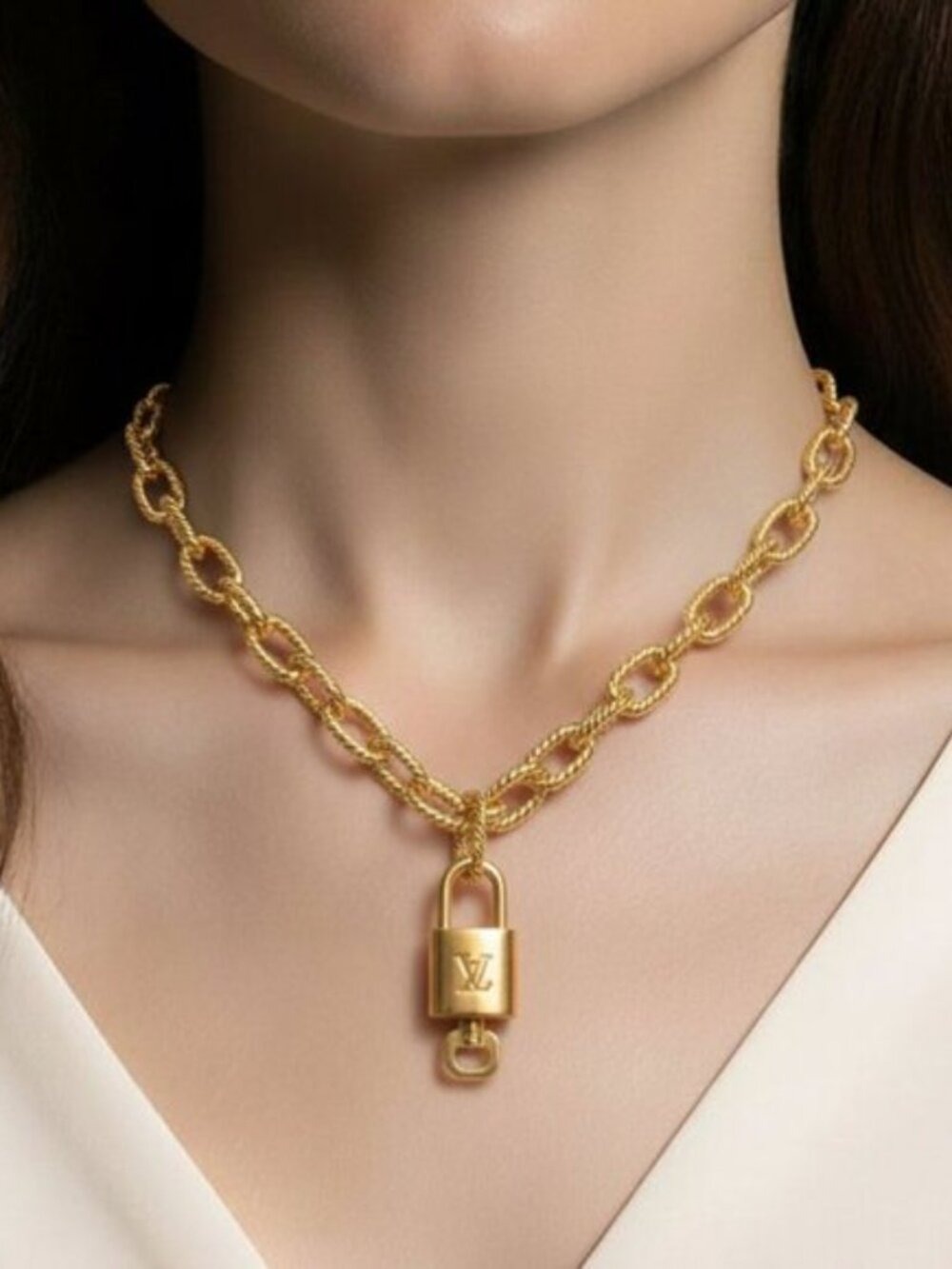 Authentic Louis Vuitton Lock & Key w/unbranded Gold Plated Chain Necklace 011626